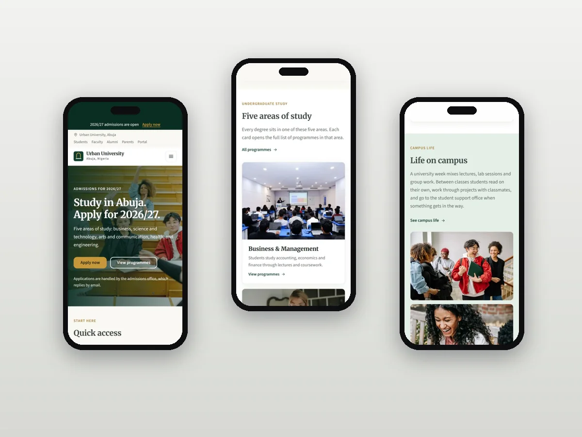 Urban University website, homepage for undergraduate study and admissions